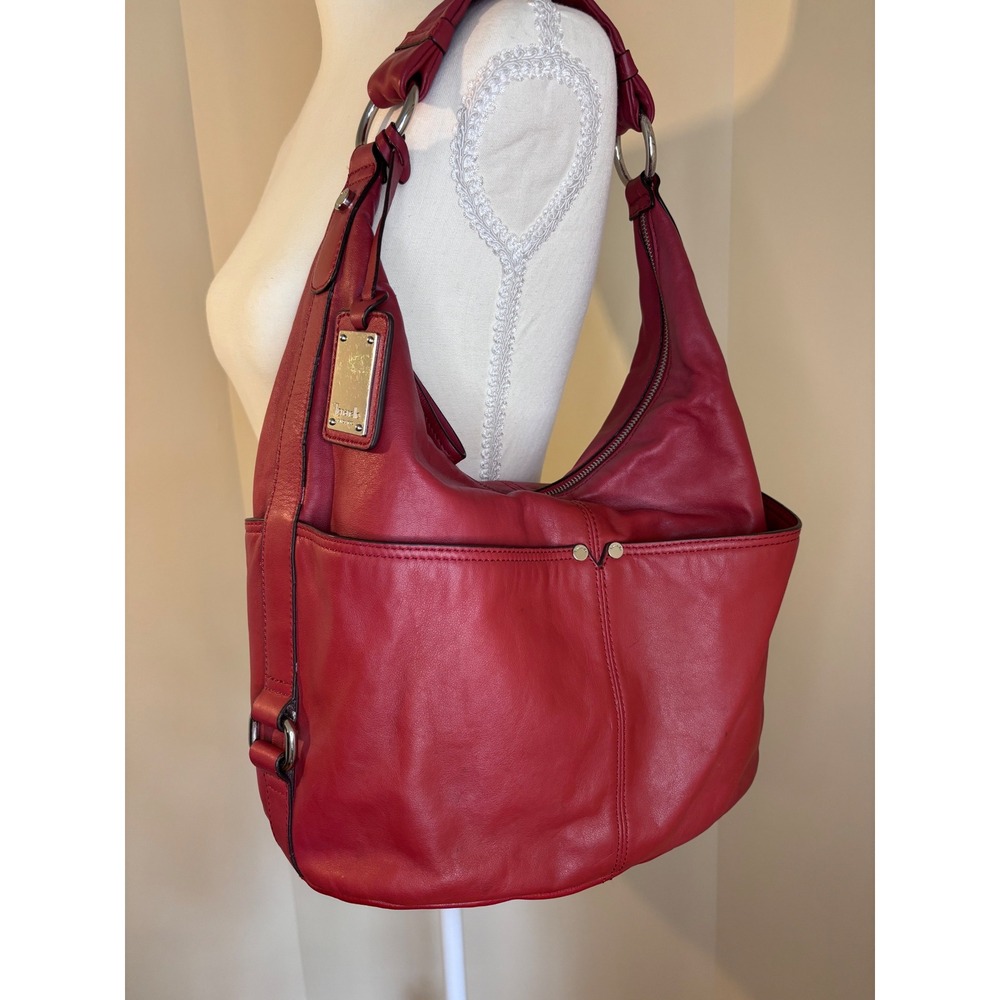 Tignanello Red Leather Hobo Shoulder Bag Striped Lining Silver Hardware Pocket